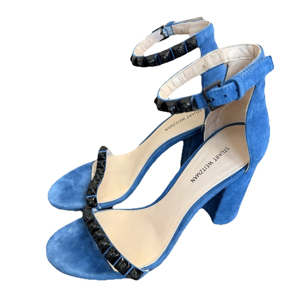 Stuart Weitzman Rosemarie Blue Suede Heels Sz 7.5 Studded Strap Sandal Statement